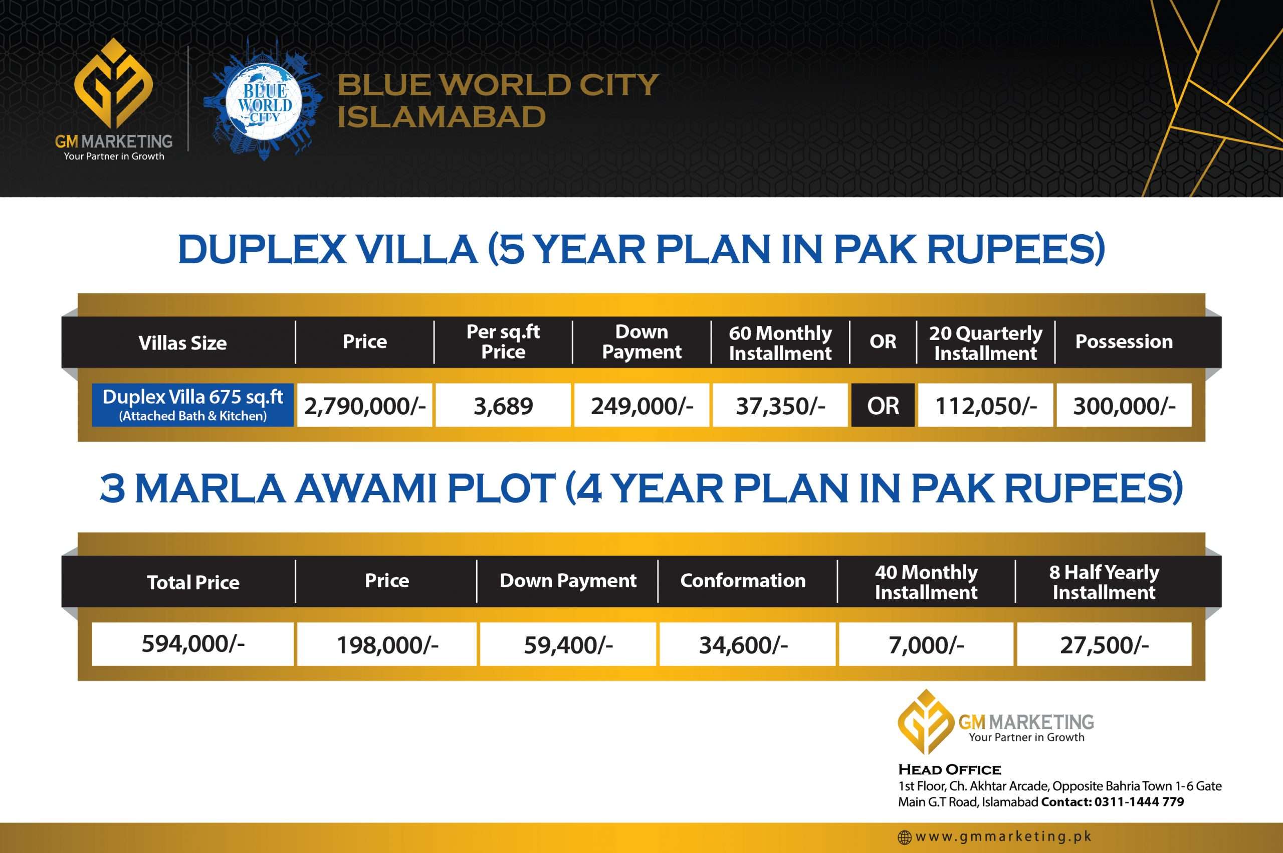 Blue World City Duplex Villas 3 Marla Plot Payment Plan_GM Marketing